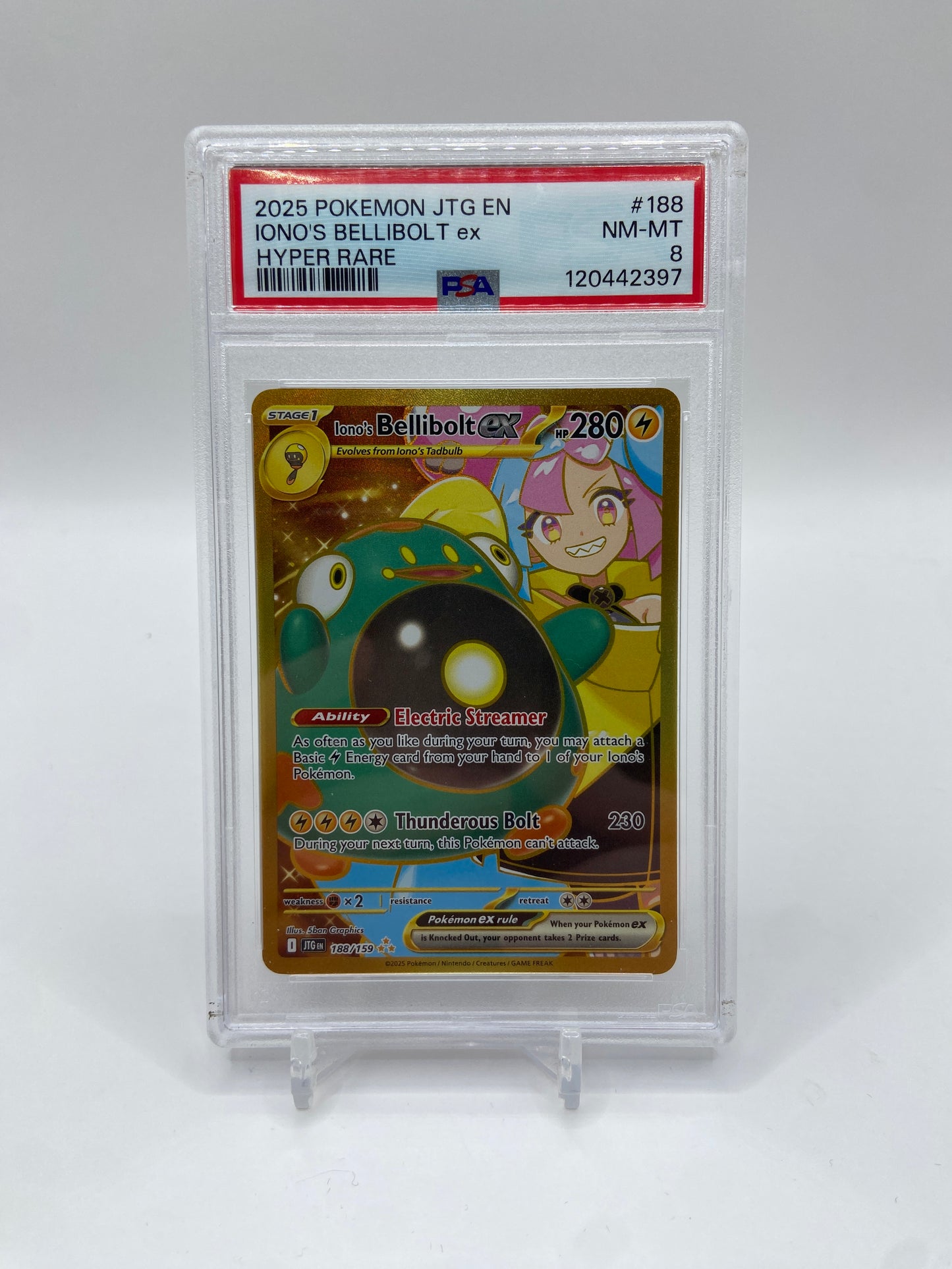 Iono's Bellibolt ex Gold Secret Rare Journey Together 188/159 PSA 8